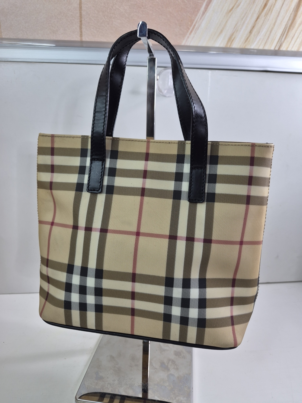 Burberry Beige Plaid Mini Tote with Black Handles